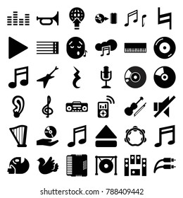 Music icons. set of 36 editable filled music icons such as treble clef, trumpet, piano, bird, disc on fire, guitar strings, no sound, loud speaker set, play, eject button