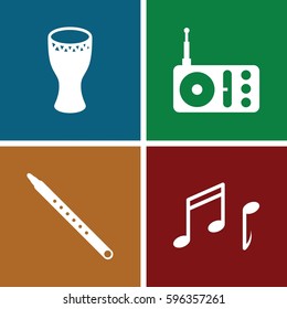 music icons set. Set of 4 music filled icons such as radio, musical pipe, note