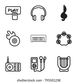 Music icons. set of 9 editable outline music icons such as finger pressing play button, headphones, harp, mp3 player, disc flame, radio, tambourine, piano toy