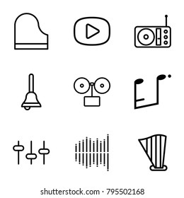 Music icons. set of 9 editable outline music icons such as gramophone, equalizer, radio, piano, harp, music note, bell