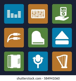 Music icons set. Set of 9 Music filled icons such as eject button, equalizer, microphone, slider, piano, harp, harmonic, mp3 player on hand