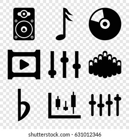 Music icons set. set of 9 music filled icons such as loudspeaker, harmonica, bemol, music note, play, equalizer, cd, adjust