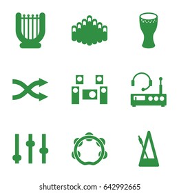 Music icons set. set of 9 music filled icons such as harmonica, metronome, shuffle, tambourine, drum, audio system, listening device, harp