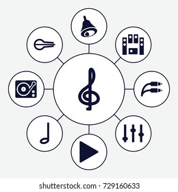 Music icons set. set of 9 music filled icons such as musical instrument, loud speaker set, play, gramophone, music note, earphone wire, bell, treble clef