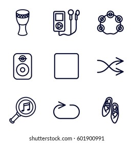 music icons set. Set of 9 music outline icons such as stop, serach music, shuffle, reload replay, tambourine, drum, speaker, ballet shoes