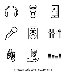 Music icons set. set of 9 music outline icons such as speaker, equalizer, mobile phone music, mp3 player on hand, earphones, drum, ballet shoes