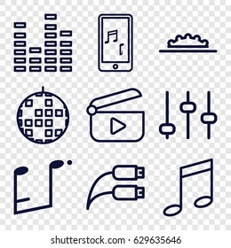 Music icons set. set of 9 music outline icons such as equalizer, earphone wire, camera wheel, play, adjust