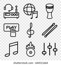 Music icons set. set of 9 music outline icons such as finger pressing play button, treble clef, drum stick, cd fire, drum, listening device