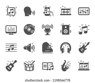 Music icons. Set of Acoustic guitar, Musical note and Vinyl record. Jazz saxophone, Drums with drumsticks and DJ controller icons. Sound check and Jazz, Music making and Electric guitar signs. Vector