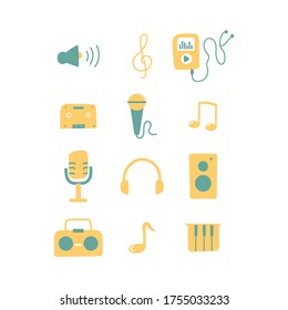 Music icons. Set of Acoustic Musical note, Jazz saxophone, Sound check, Mic, Music making
