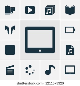 Music icons set with albums, tablet, energy and other learning elements. Isolated vector illustration music icons.