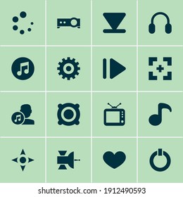 Music icons set with arrow down, satellite, start and other bottom elements. Isolated vector illustration music icons.