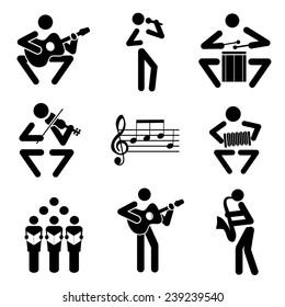 Music icons. Set of black illustrations of musical notes and musicians. Vector illustration. 