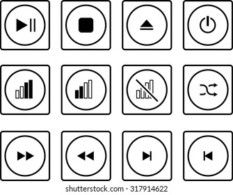 Music icons set. Black and white music icons on white background. Elegant simple set of universal music icons on bright background. Simple stereo icon vector. Vector icons set. Music vector set.