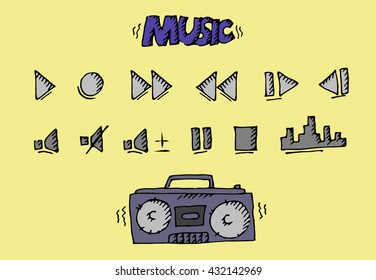 Music icons set. Cartoon boombox. Hand drawn vector stock illustration. Colorful image