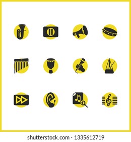 Music icons set with chimes, tambourine and metronome elements. Set of music icons and music note concept. Editable vector elements for logo app UI design.