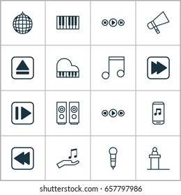 Music Icons Set. Collection Of Audio Mobile, Sound Box, Music Control And Other Elements. Also Includes Symbols Such As Octave, Speakers, Tribune.