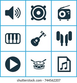 Music Icons Set. Collection Of Barrel, Start, Megaphone And Other Elements. Also Includes Symbols Such As Piano, Instrument, Speaker.