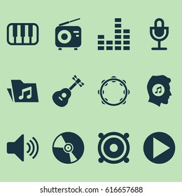 Music Icons Set. Collection Of Cd, Megaphone, Mike And Other Elements. Also Includes Symbols Such As Keyboard, Timbrel, Fm.