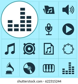 Music Icons Set. Collection Of Cd, Megaphone, Dossier And Other Elements. Also Includes Symbols Such As Volume, Timbrel, Dossier.
