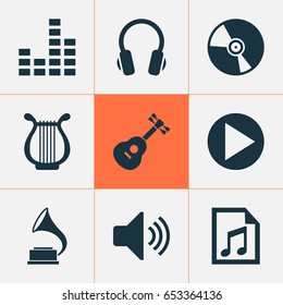 Music Icons Set. Collection Of Cd, Equalizer, Earphone And Other Elements. Also Includes Symbols Such As Mixer, Playlist, Earphone.