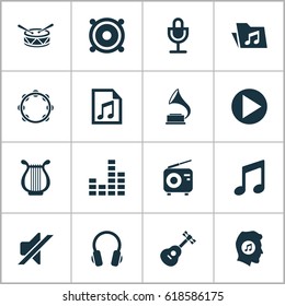 Music Icons Set. Collection Of Dossier, Silence, Meloman And Other Elements. Also Includes Symbols Such As Note, Gramophone, Percussion.