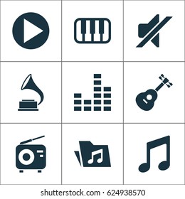 Music Icons Set. Collection Of Dossier, Tuner, Music And Other Elements. Also Includes Symbols Such As Mute, Start, Dossier.