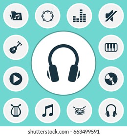 Music Icons Set. Collection Of Dossier, Start, Instrument And Other Elements. Also Includes Symbols Such As Harp, Folder, Button.