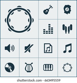 Music Icons Set. Collection Of Earmuff, Lyre, Instrument And Other Elements. Also Includes Symbols Such As Volume, Timbrel, Music.