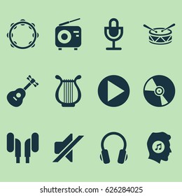 Music Icons Set. Collection Of Earphone, Meloman, Timbrel And Other Elements. Also Includes Symbols Such As Mute, Guitar, Tuner.