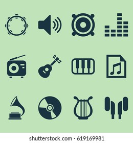 Music Icons Set. Collection Of Equalizer, Tuner, Phonograph And Other Elements. Also Includes Symbols Such As Sound, Controlling, Volume.