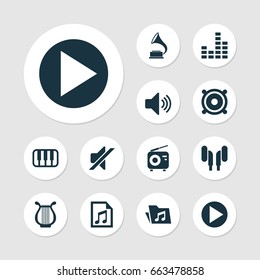 Music Icons Set. Collection Of Equalizer, Silence, Sound And Other Elements. Also Includes Symbols Such As Headphone, Keyboard, File.