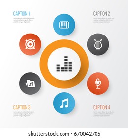 Music Icons Set. Collection Of Music, Equalizer, Dossier And Other Elements. Also Includes Symbols Such As Piano, Octave, Megaphone.
