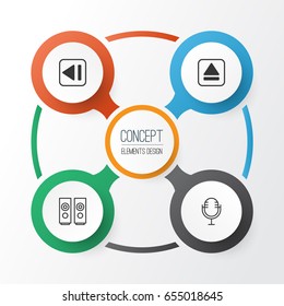 Music Icons Set. Collection Of Extract Device, Mike, Sound Box And Other Elements. Also Includes Symbols Such As Previous, Eject, Extract.