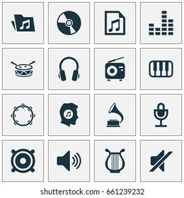 Music Icons Set. Collection Of File, Earphone, Sound And Other Elements. Also Includes Symbols Such As Barrel, Mic, Tambourine.