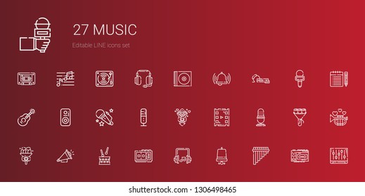music icons set. Collection of music with flute, notification bell, headphones, voice recorder, drum, loudspeaker, bouquet, microphone, video player. Editable and scalable music icons.