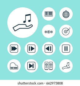 Music Icons Set. Collection Of Following Song, Sound Box, Note Donate And Other Elements. Also Includes Symbols Such As Octave, Sound, Forward.