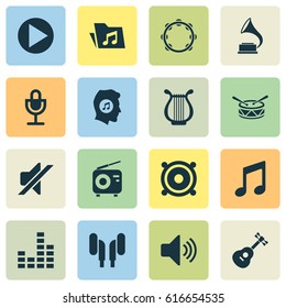 Music Icons Set. Collection Of Instrument, Music, Tuner And Other Elements. Also Includes Symbols Such As Lyre, Mic, Tambourine.