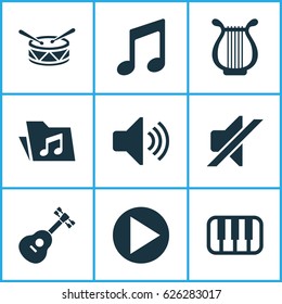 Music Icons Set. Collection Of Instrument, Lyre, Silence And Other Elements. Also Includes Symbols Such As Guitar, Volume, Mute.