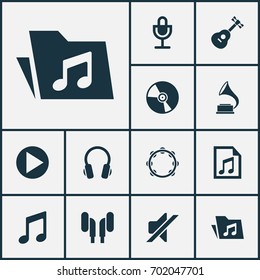 Music Icons Set. Collection Of Instrument, Silence, Earphone And Other Elements. Also Includes Symbols Such As Vinyl, Microphone, Gramophone.