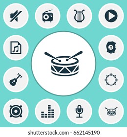 Music Icons Set. Collection Of Lyre, Megaphone, Meloman And Other Elements. Also Includes Symbols Such As Percussion, Guitar, Start.