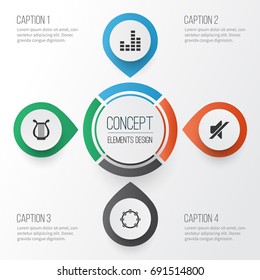 Music Icons Set. Collection Of Lyre, Timbrel, Equalizer And Other Elements. Also Includes Symbols Such As Timbrel, Mute, Volume.