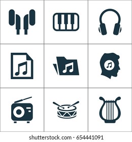 Music Icons Set. Collection Of Meloman, Tuner, Earphone And Other Elements. Also Includes Symbols Such As Note, Music, Drum.