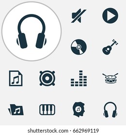 Music Icons Set. Collection Of Meloman, Megaphone, Barrel And Other Elements. Also Includes Symbols Such As Earphone, Keyboard, Lover.