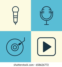 Music Icons Set. Collection Of Microphone, Start Song, Gramophone And Other Elements. Also Includes Symbols Such As Music, Mike, Audio.