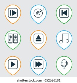 Music Icons Set. Collection Of Mike, Gramophone, Extract Device And Other Elements. Also Includes Symbols Such As Rewind, Eject, Start.