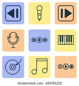 Music Icons Set. Collection Of Mike, Piano, Music Control And Other Elements. Also Includes Symbols Such As Next, Back, Piano.