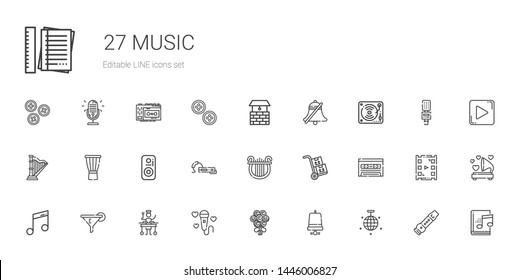 music icons set. Collection of music with mirror ball, notification bell, bouquet, microphone, large, filter, cassette, packs, lyre, earphone. Editable and scalable music icons.