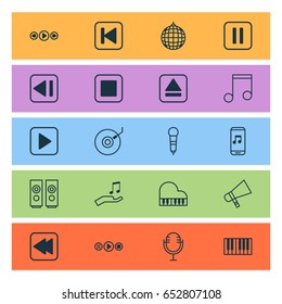 Music Icons Set. Collection Of Note Donate, Start Song, Mike And Other Elements. Also Includes Symbols Such As Mike, Megaphone, Note.