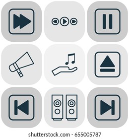 Music Icons Set. Collection Of Note Donate, Following Song, Bullhorn And Other Elements. Also Includes Symbols Such As Sell, Backward, Back.